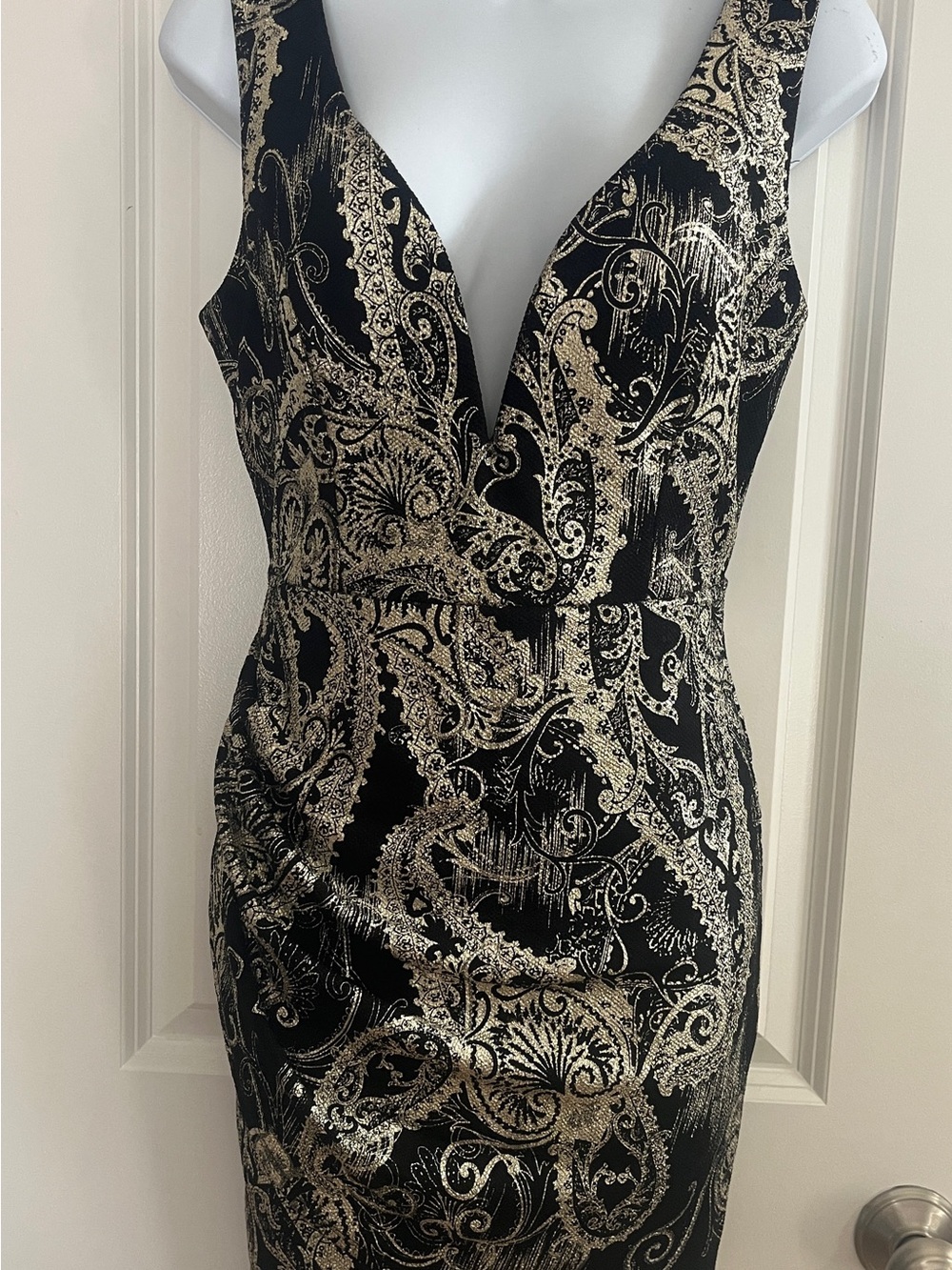 Windsor Black and Metallic Gold Paisley Bodycon Dress
